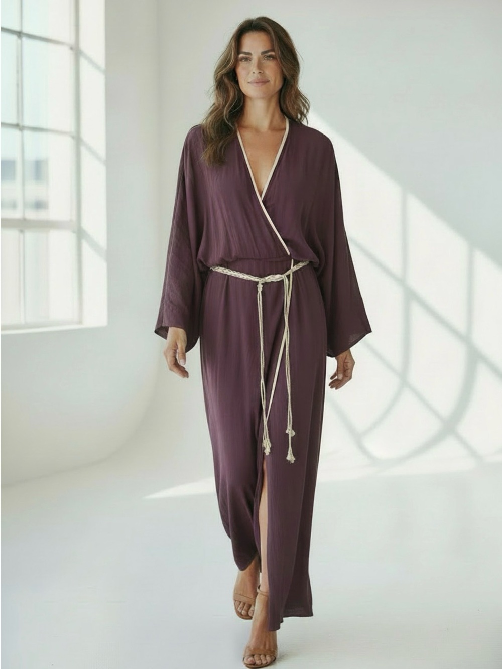 H&M Plum Maxi Dress with Ivory Trim and Braided Belt